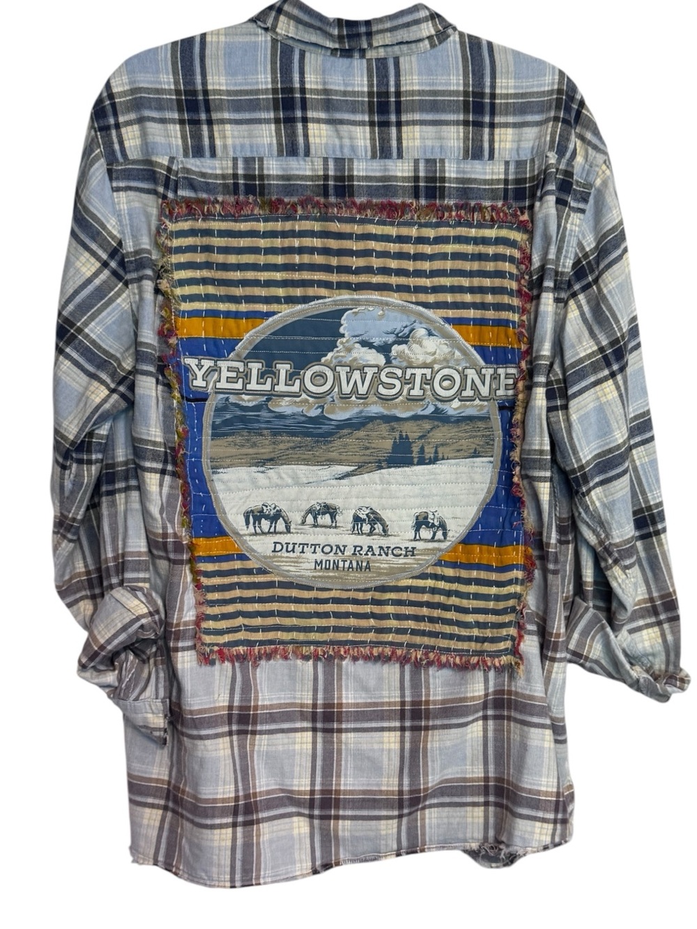 Southern Tide Blue and Gray Plaid Button-Down with Yellowstone Back Patch